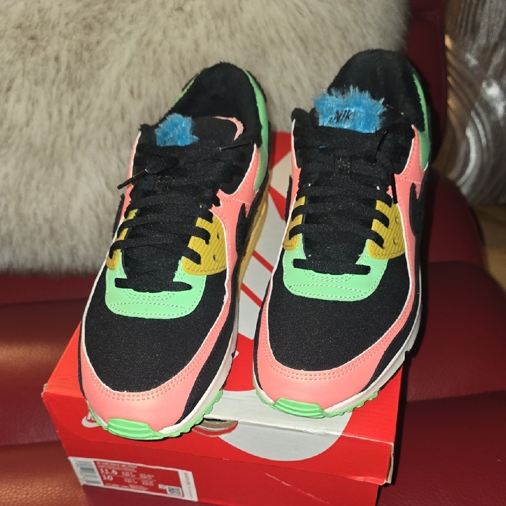 Nike Air Max 90 PRM, Faux Fur- Lined Neon Colorway Sneakers, sz 11.5 W, 10 M - Picture 2 of 8